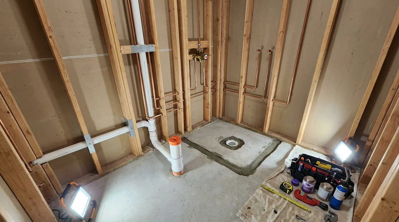 Bathroom rough-in plumbing during remodel by Johns Plumbing LLC in Delaware