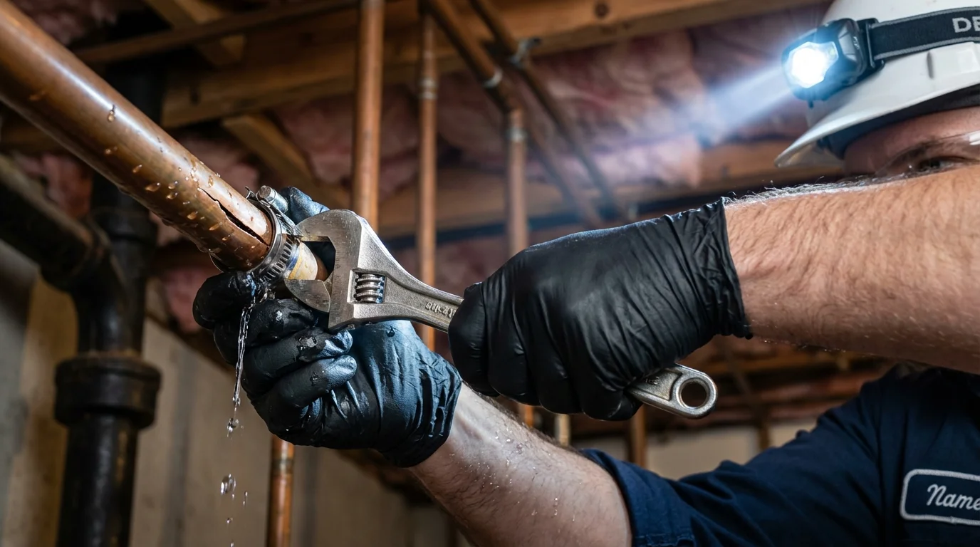 Emergency pipe clamp repair being performed by a Johns Plumbing LLC plumber in Delaware
