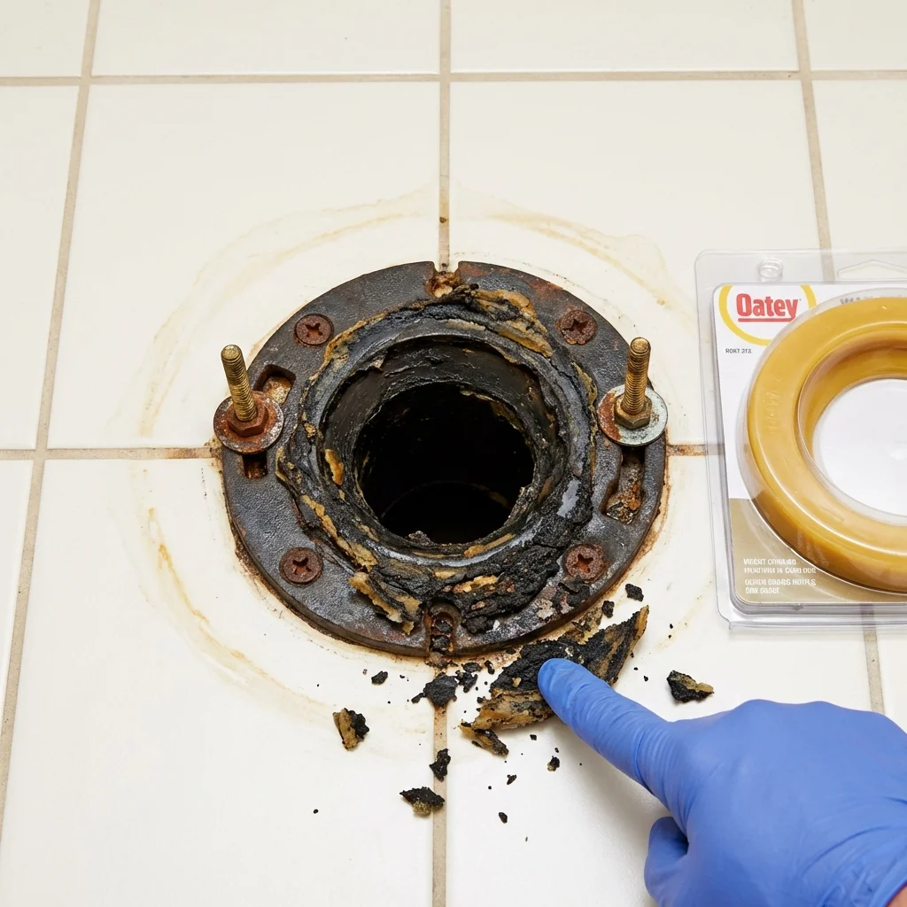 Failed wax ring showing water seepage at the base of a toilet in a Delaware, OH home