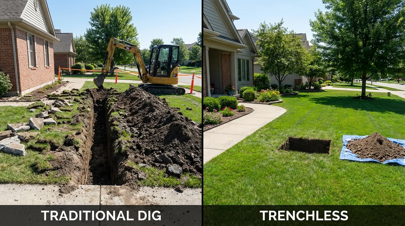 Trenchless sewer repair with minimal yard damage versus traditional excavation in Delaware, OH